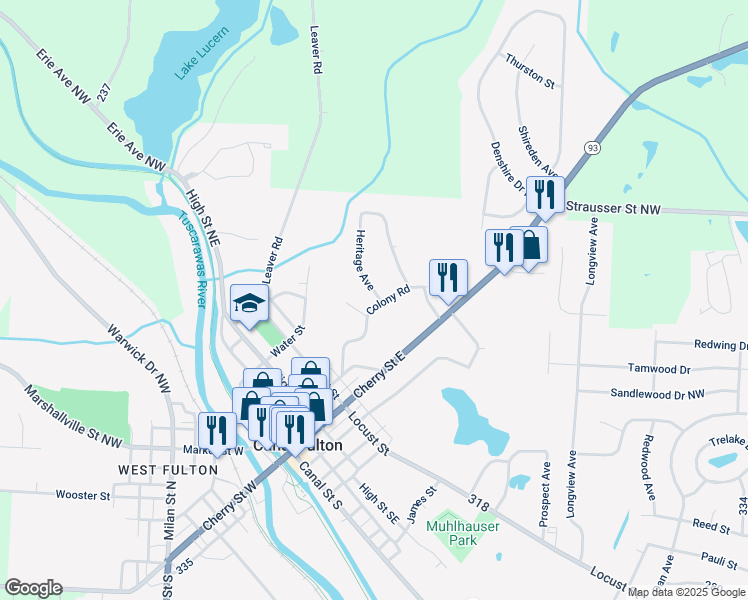 map of restaurants, bars, coffee shops, grocery stores, and more near 598 Colony Road in Canal Fulton