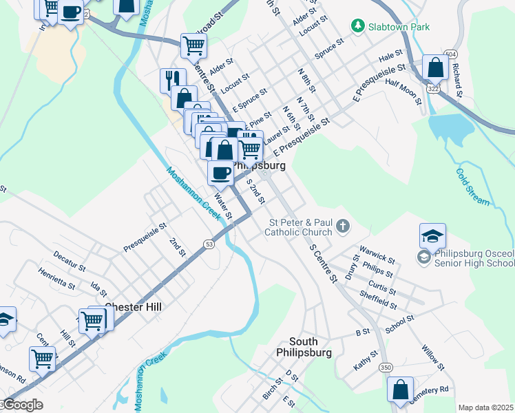 map of restaurants, bars, coffee shops, grocery stores, and more near 115 East Maple Street in Philipsburg