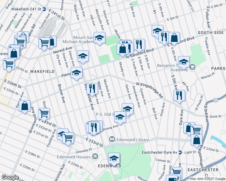 map of restaurants, bars, coffee shops, grocery stores, and more near 4127A Hill Avenue in The Bronx