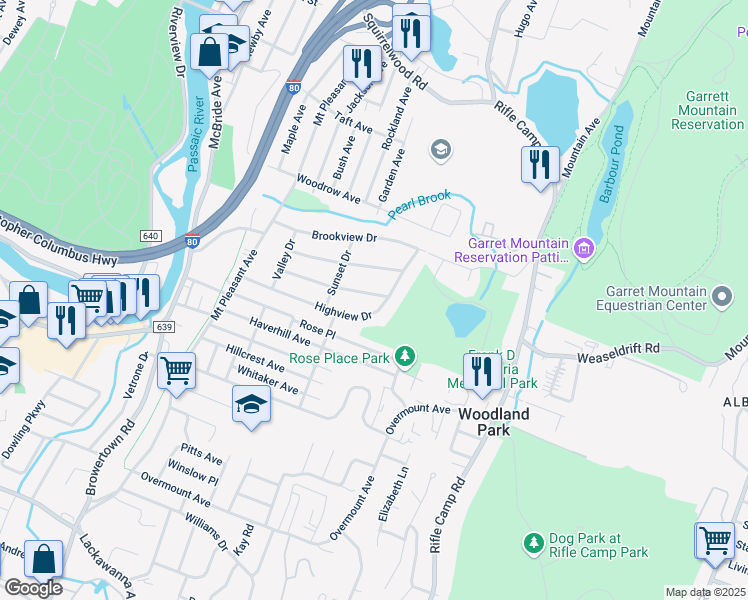 map of restaurants, bars, coffee shops, grocery stores, and more near 94 Grandview Drive in Woodland Park
