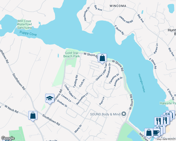 map of restaurants, bars, coffee shops, grocery stores, and more near 6 Noel Court in Huntington
