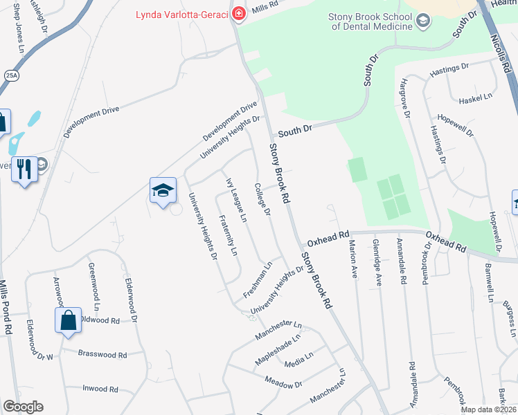 map of restaurants, bars, coffee shops, grocery stores, and more near 22 College Drive in Stony Brook