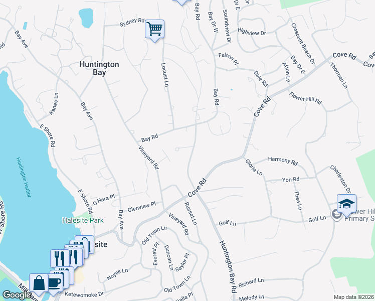 map of restaurants, bars, coffee shops, grocery stores, and more near 222 Huntington Bay Road in Huntington