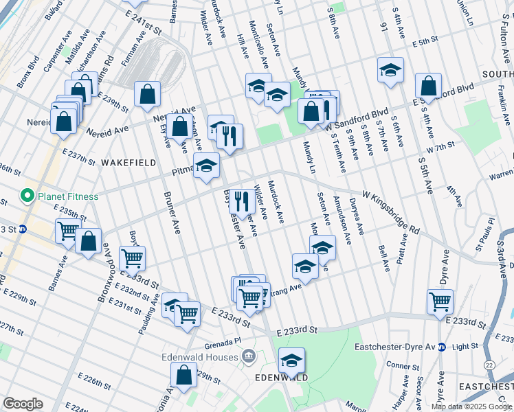 map of restaurants, bars, coffee shops, grocery stores, and more near 4136 Wilder Avenue in Bronx