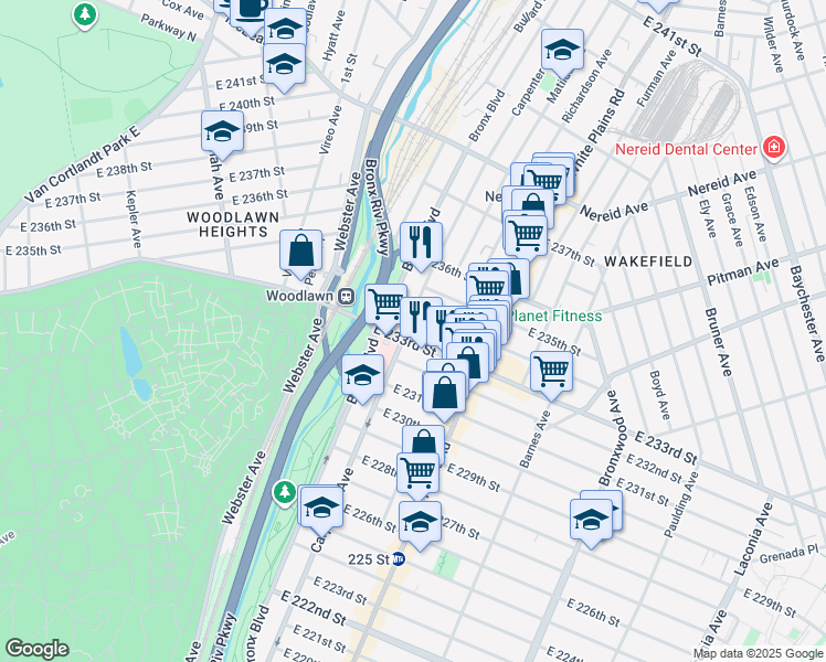 map of restaurants, bars, coffee shops, grocery stores, and more near 627 East 233rd Street in Bronx