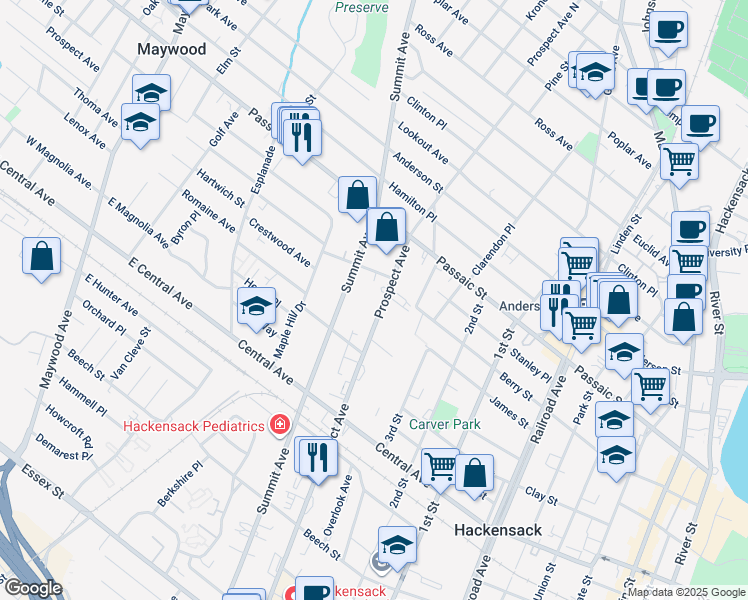 map of restaurants, bars, coffee shops, grocery stores, and more near 345 Prospect Avenue in Hackensack