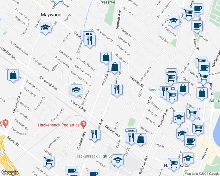 map of restaurants, bars, coffee shops, grocery stores, and more near 324 Summit Avenue in Hackensack