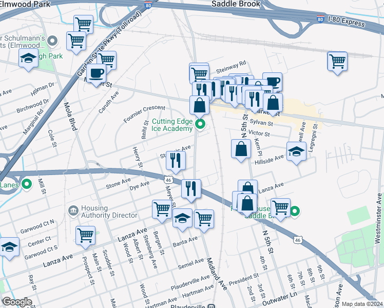 map of restaurants, bars, coffee shops, grocery stores, and more near 1 Rena Court in Elmwood Park