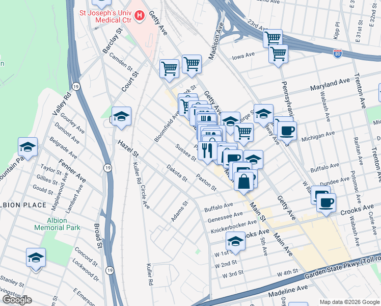 map of restaurants, bars, coffee shops, grocery stores, and more near 343 Sussex Street in Paterson