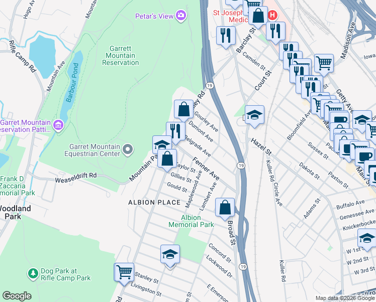 map of restaurants, bars, coffee shops, grocery stores, and more near 107 Valley Road in Clifton