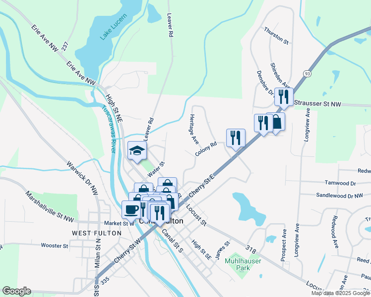 map of restaurants, bars, coffee shops, grocery stores, and more near 340 Cathedral Road in Canal Fulton