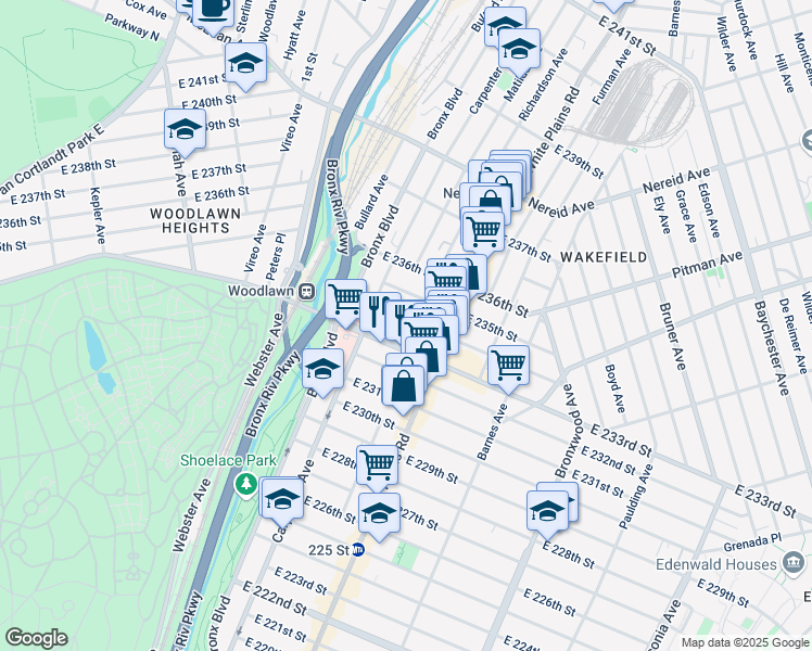 map of restaurants, bars, coffee shops, grocery stores, and more near 658 East 234th Street in The Bronx