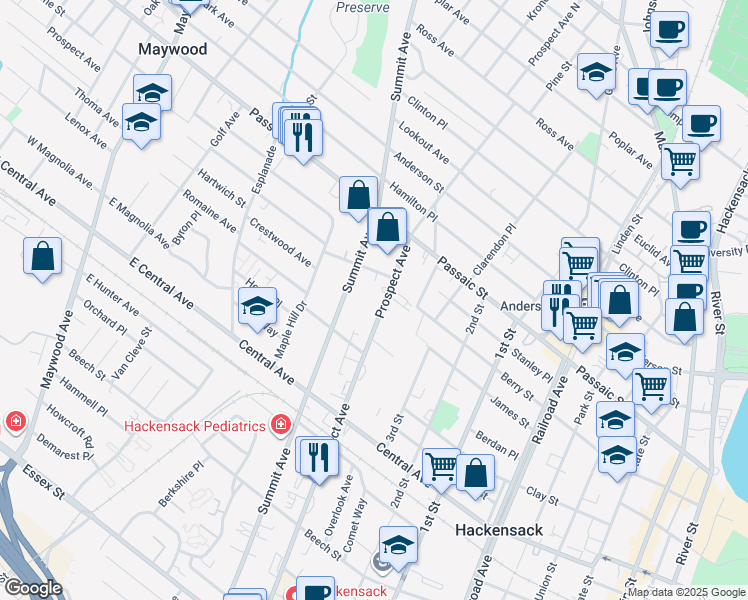 map of restaurants, bars, coffee shops, grocery stores, and more near 324 Summit Avenue in Hackensack