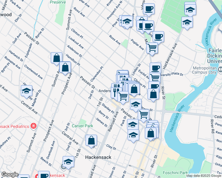 map of restaurants, bars, coffee shops, grocery stores, and more near 28 Vanderbeck Place in Hackensack