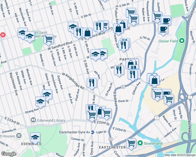 map of restaurants, bars, coffee shops, grocery stores, and more near 6 Wildwood Avenue in Mount Vernon
