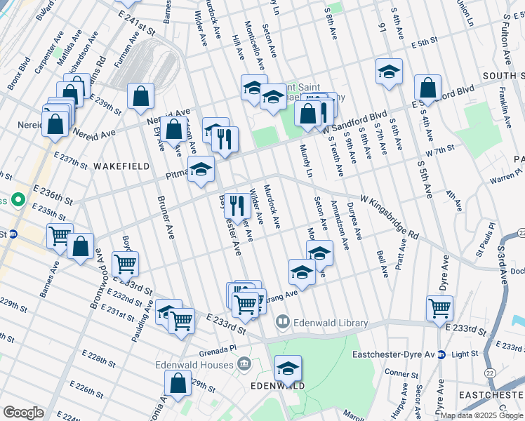 map of restaurants, bars, coffee shops, grocery stores, and more near 4136 Wilder Avenue in Bronx