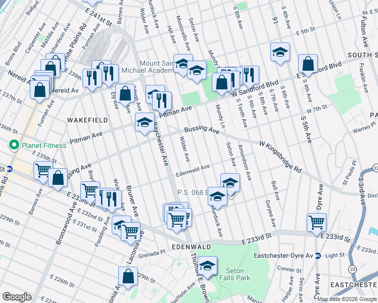 map of restaurants, bars, coffee shops, grocery stores, and more near 4136 Wilder Avenue in Bronx