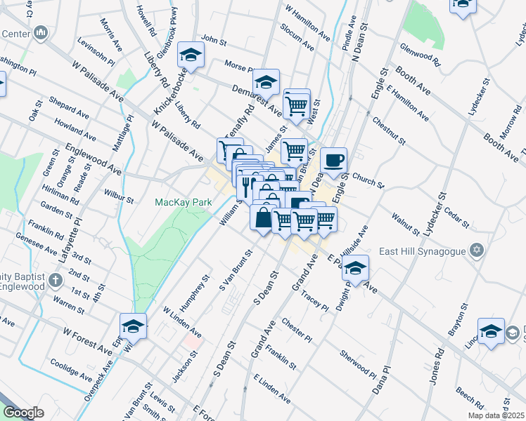 map of restaurants, bars, coffee shops, grocery stores, and more near 28 West Palisade Avenue in Englewood
