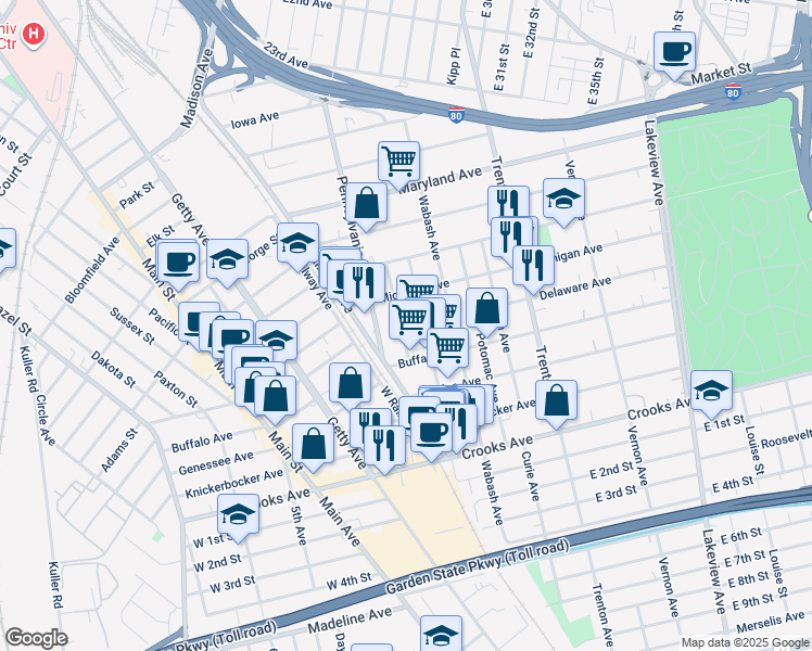 map of restaurants, bars, coffee shops, grocery stores, and more near 55 Columbia Avenue in Paterson