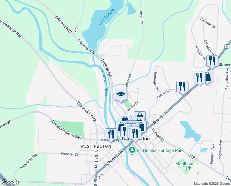 map of restaurants, bars, coffee shops, grocery stores, and more near 616 High Street Northeast in Canal Fulton