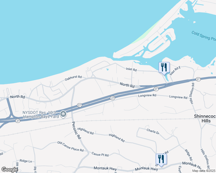 map of restaurants, bars, coffee shops, grocery stores, and more near 138 North Road in Hampton Bays