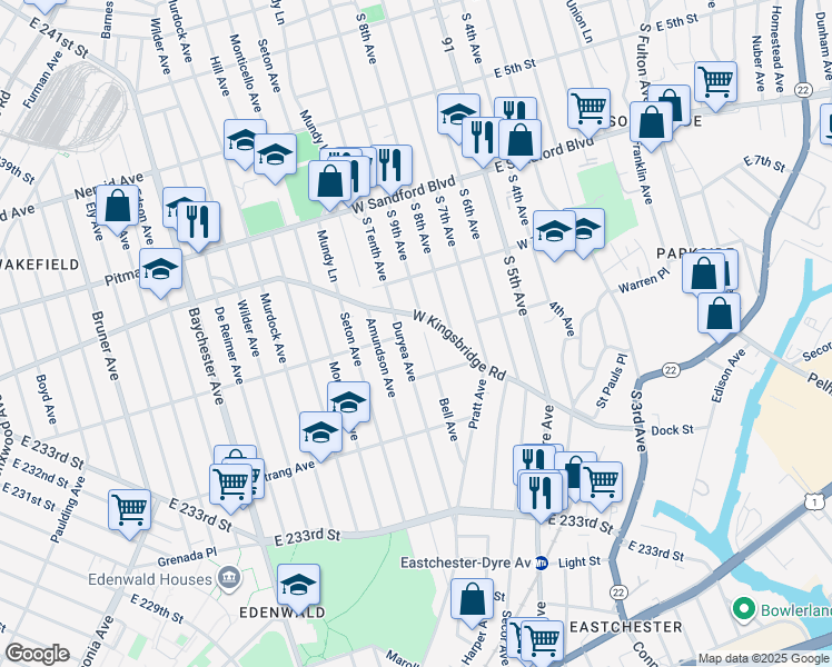 map of restaurants, bars, coffee shops, grocery stores, and more near 12 Bell Avenue in Mount Vernon