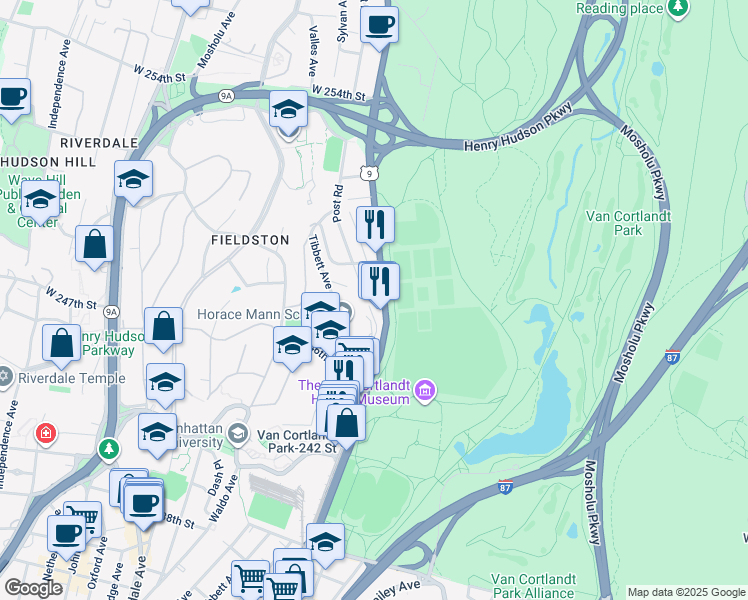 map of restaurants, bars, coffee shops, grocery stores, and more near 6141 Broadway in Bronx