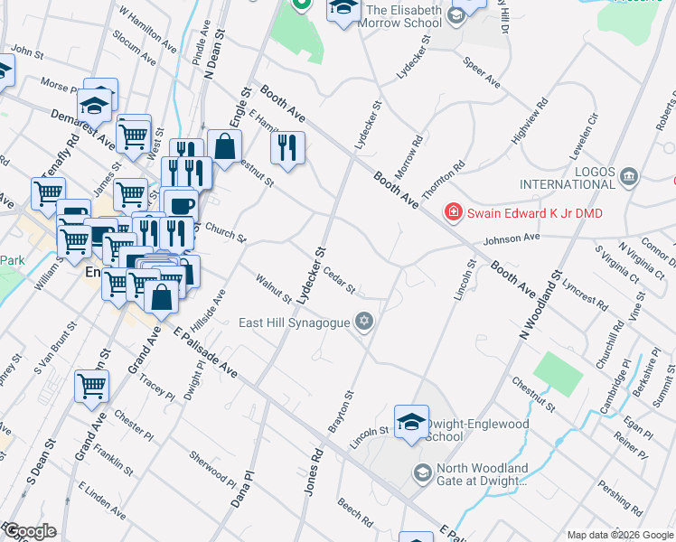 map of restaurants, bars, coffee shops, grocery stores, and more near 197 Cedar Street in Englewood