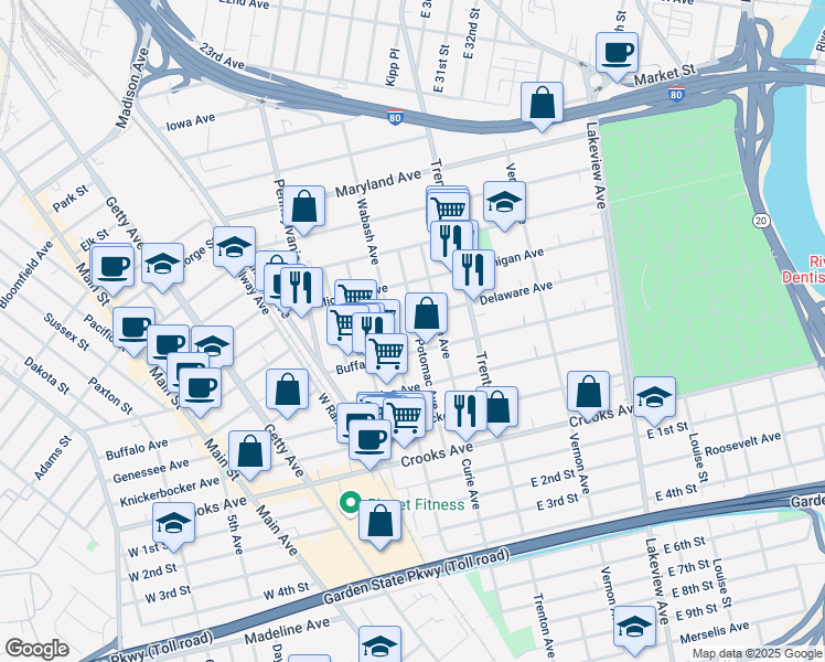 map of restaurants, bars, coffee shops, grocery stores, and more near 70 Potomac Avenue in Paterson