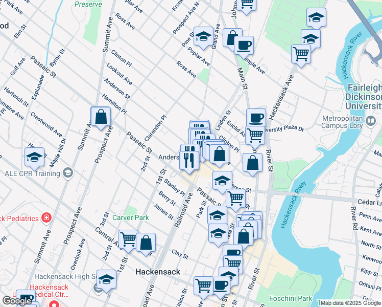 map of restaurants, bars, coffee shops, grocery stores, and more near 50 Linden Street in Hackensack