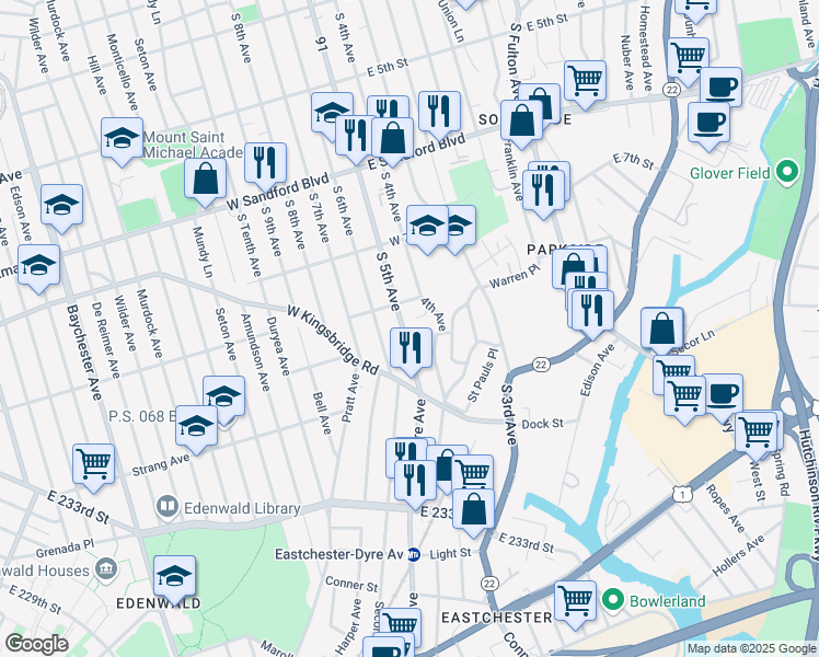 map of restaurants, bars, coffee shops, grocery stores, and more near 671 South 5th Avenue in Mount Vernon