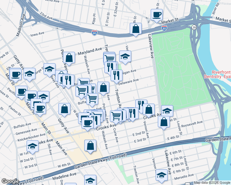 map of restaurants, bars, coffee shops, grocery stores, and more near 348 Trenton Avenue in Paterson