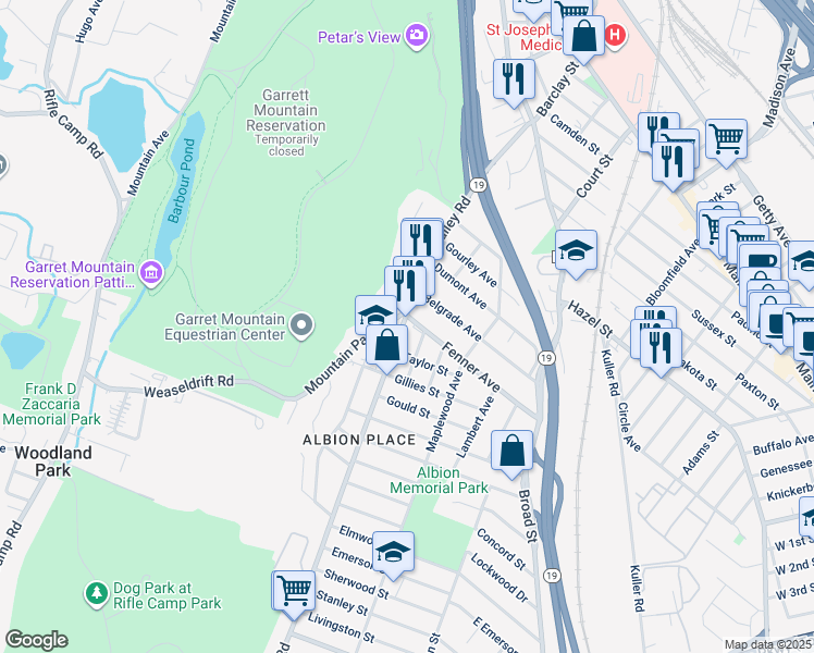 map of restaurants, bars, coffee shops, grocery stores, and more near 107 Valley Road in Clifton