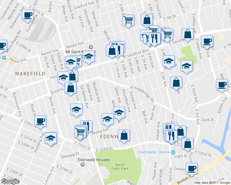 map of restaurants, bars, coffee shops, grocery stores, and more near 4117 Seton Ave in Bronx