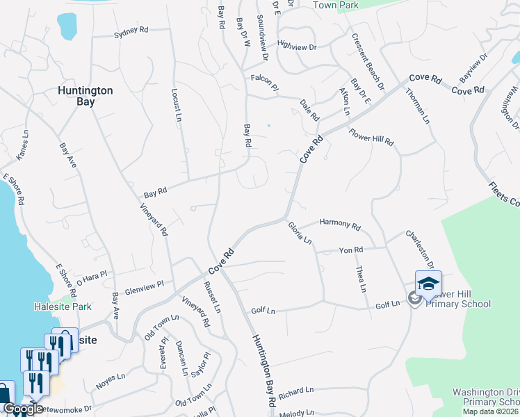map of restaurants, bars, coffee shops, grocery stores, and more near 43 Cove Road in Huntington