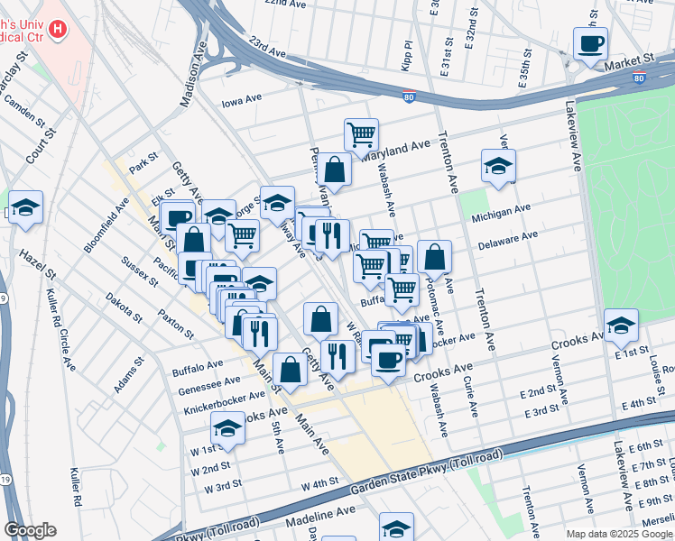 map of restaurants, bars, coffee shops, grocery stores, and more near 290 Pennsylvania Avenue in Paterson