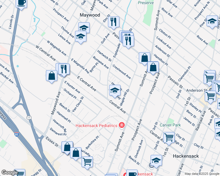 map of restaurants, bars, coffee shops, grocery stores, and more near 292 Esplanade in Hackensack
