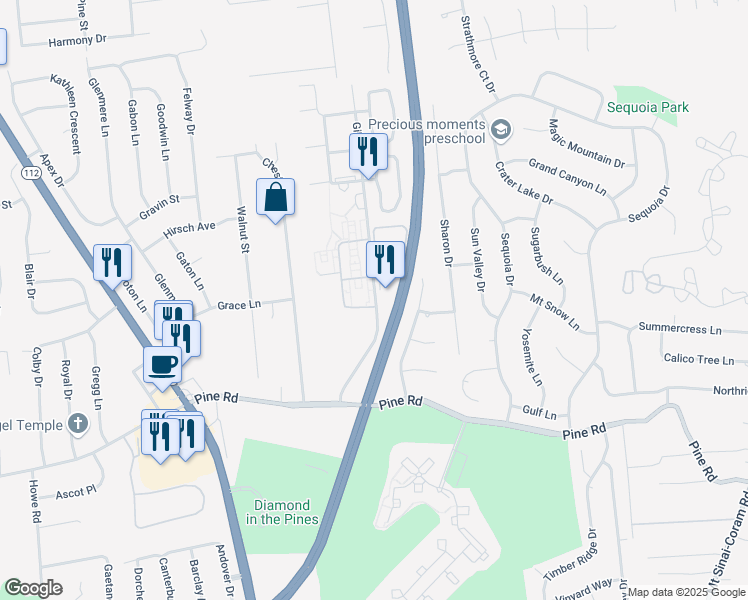 map of restaurants, bars, coffee shops, grocery stores, and more near 4 El Camino Court in Coram