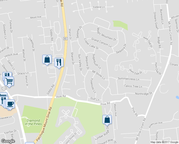 map of restaurants, bars, coffee shops, grocery stores, and more near 154 Sequoia Drive in Coram