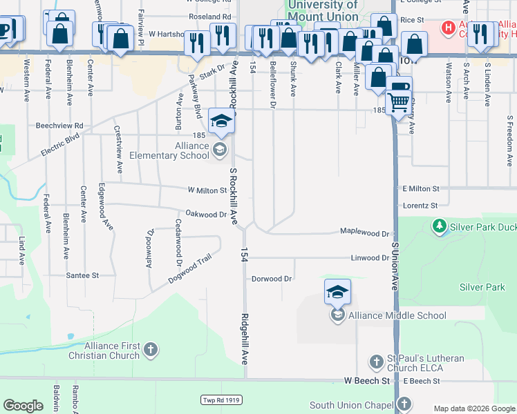 map of restaurants, bars, coffee shops, grocery stores, and more near 2806 Ridgewood Avenue in Alliance