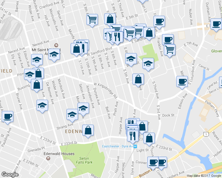 map of restaurants, bars, coffee shops, grocery stores, and more near 653 South 8th Avenue in Mount Vernon