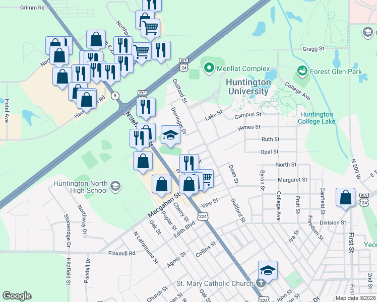 map of restaurants, bars, coffee shops, grocery stores, and more near 200 Northcrest Avenue in Huntington