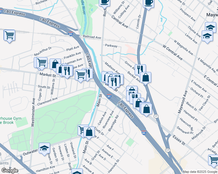 map of restaurants, bars, coffee shops, grocery stores, and more near 28 Essex Street in Lodi