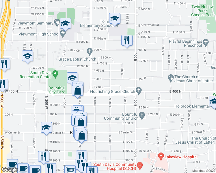 map of restaurants, bars, coffee shops, grocery stores, and more near 197 East 470 North in Bountiful