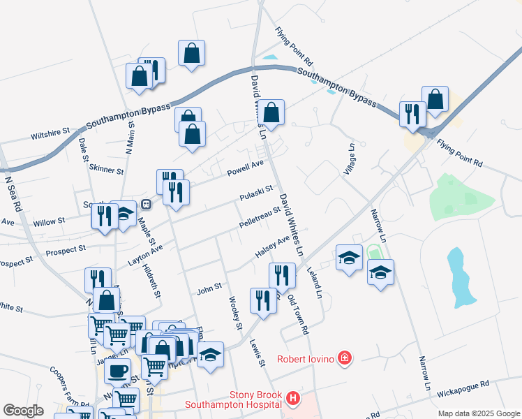 map of restaurants, bars, coffee shops, grocery stores, and more near 153 Pelletreau Street in Southampton