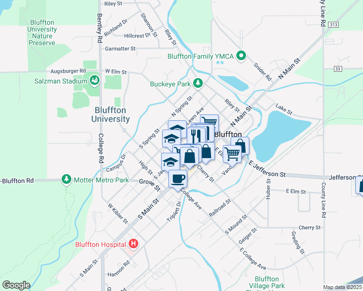 map of restaurants, bars, coffee shops, grocery stores, and more near 102 South Jackson Street in Bluffton