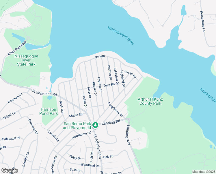 map of restaurants, bars, coffee shops, grocery stores, and more near 40 Tulip Road in Kings Park