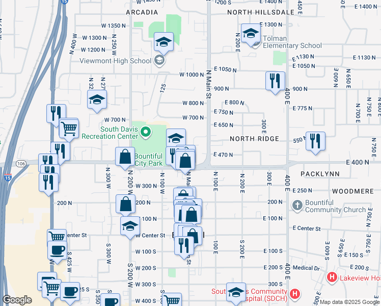 map of restaurants, bars, coffee shops, grocery stores, and more near 9 East 400 North in Bountiful