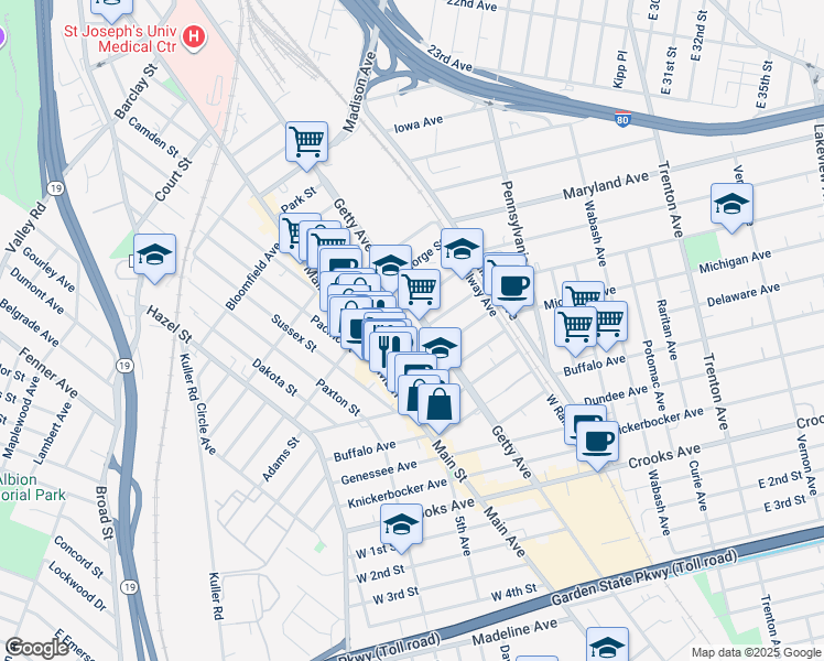 map of restaurants, bars, coffee shops, grocery stores, and more near 39 Goshen Street in Paterson