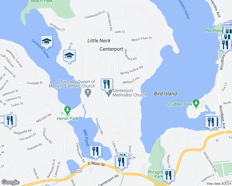 map of restaurants, bars, coffee shops, grocery stores, and more near 7 Harbor Park Drive in Centerport